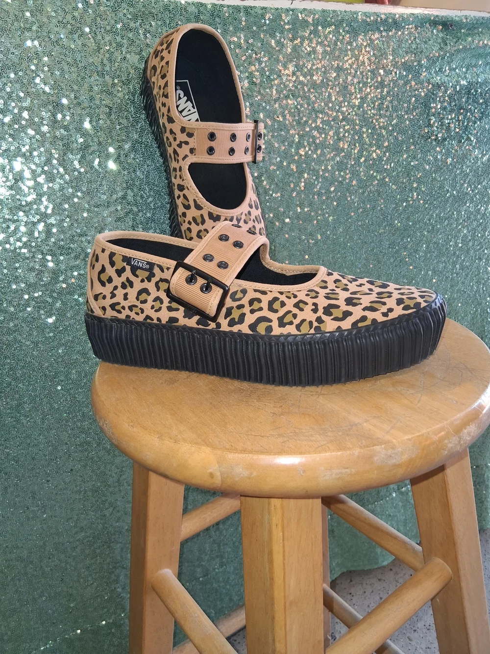 Vans Leopard Print Mary Jane Platform Shoes - Tan and Black